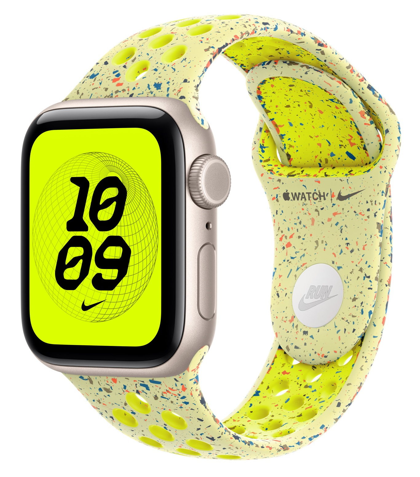 Apple Watch z żółtym, nakrapianym paskiem. Tarcza zegarka pokazuje godzinę 10:09. Pasek ma logo Nike i Run.