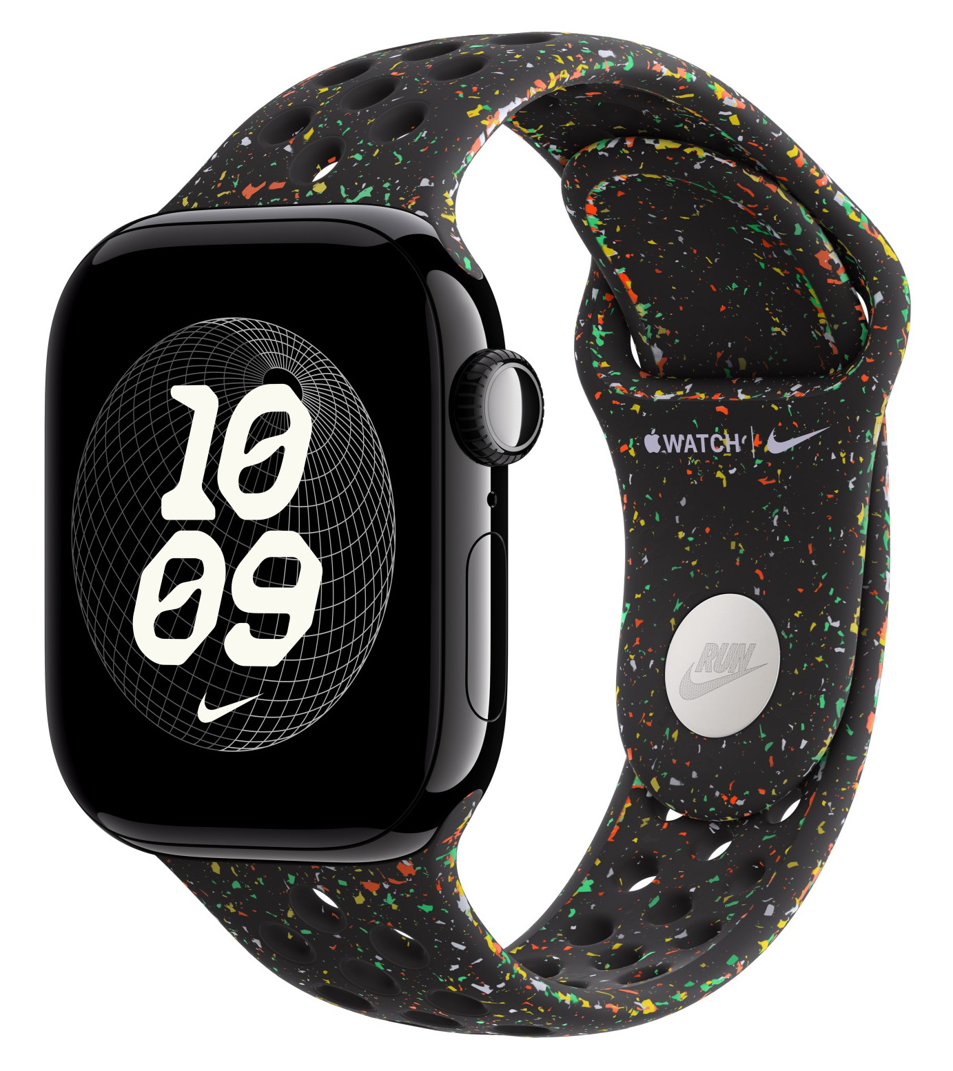 Czarny Apple Watch z paskiem Nike. Tarcza pokazuje '10 09'. Pasek jest czarny z kolorowymi plamkami i logo Nike.