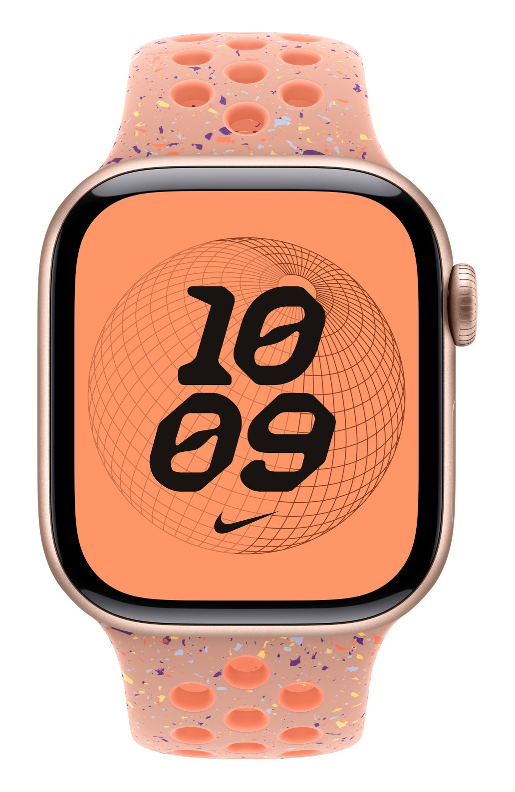 Apple Watch z pomarańczowym paskiem, wyświetlający 10:09. Pasek ma otwory i nakrapiany wzór. Koperta zegarka jest złota.