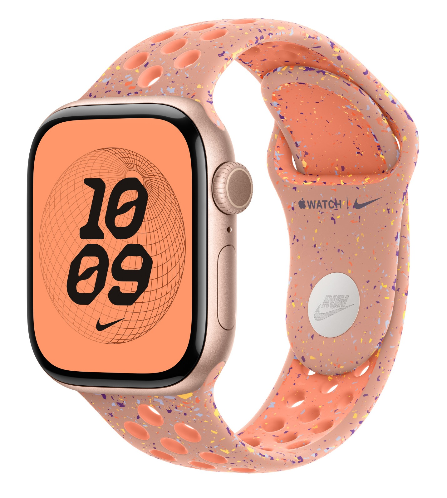 Apple Watch z różowym paskiem i tarczą. Tarcza wyświetla godzinę 10:09 i logo Nike. Pasek ma małe otwory.
