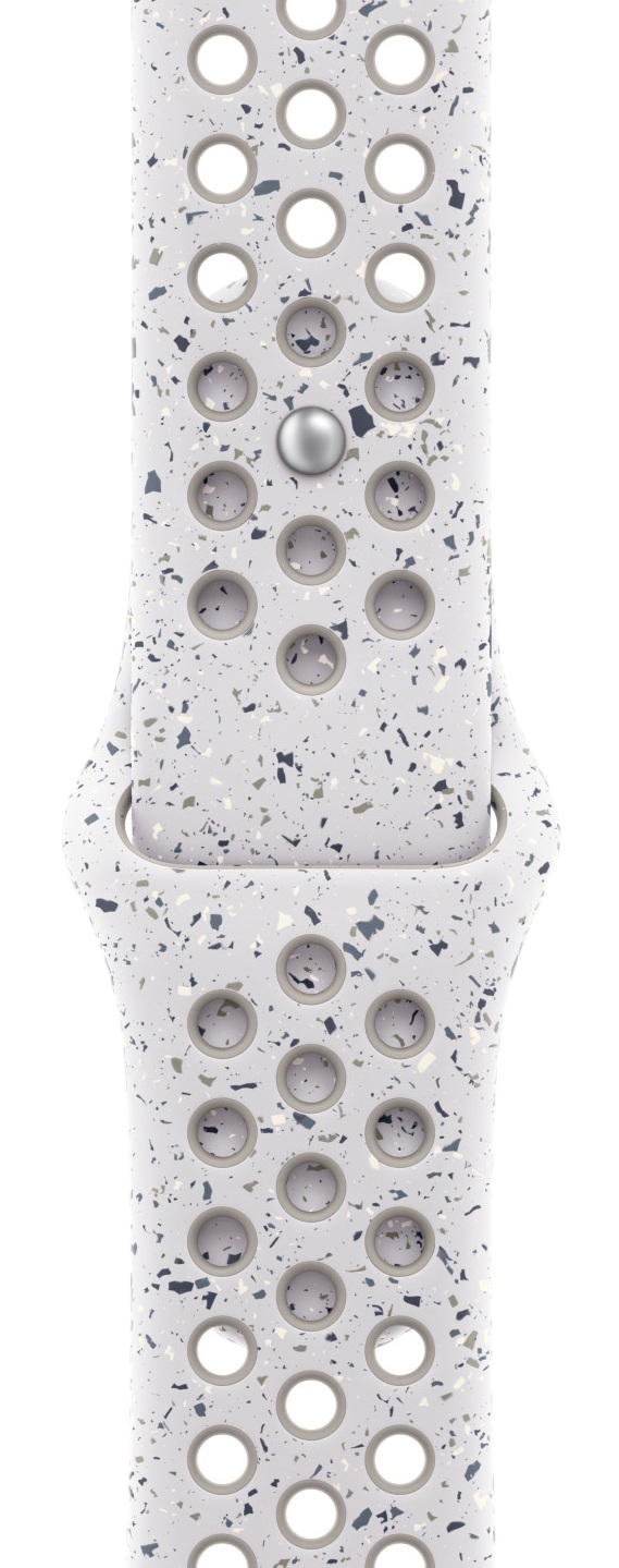 Biały pasek do Apple Watch z nakrapianym wzorem. Posiada otwory i srebrne zapięcie.
