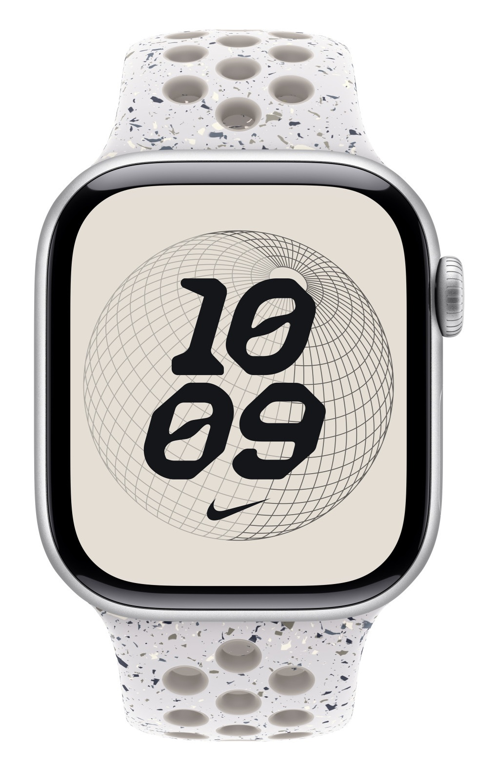 Apple Watch z białym, nakrapianym paskiem. Tarcza pokazuje godzinę 10:09 pogrubioną czcionką, z logo Nike poniżej.
