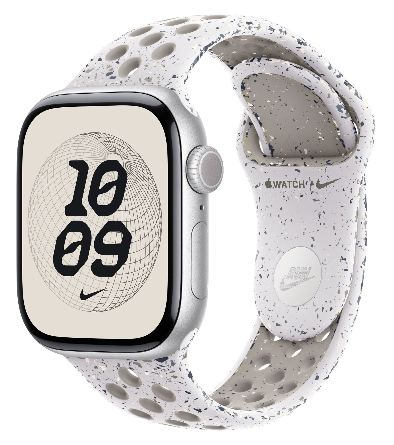 Apple Watch z nakrapianym białym paskiem. Tarcza pokazuje godzinę 10:09. Logo Nike jest obecne na zegarku i pasku.