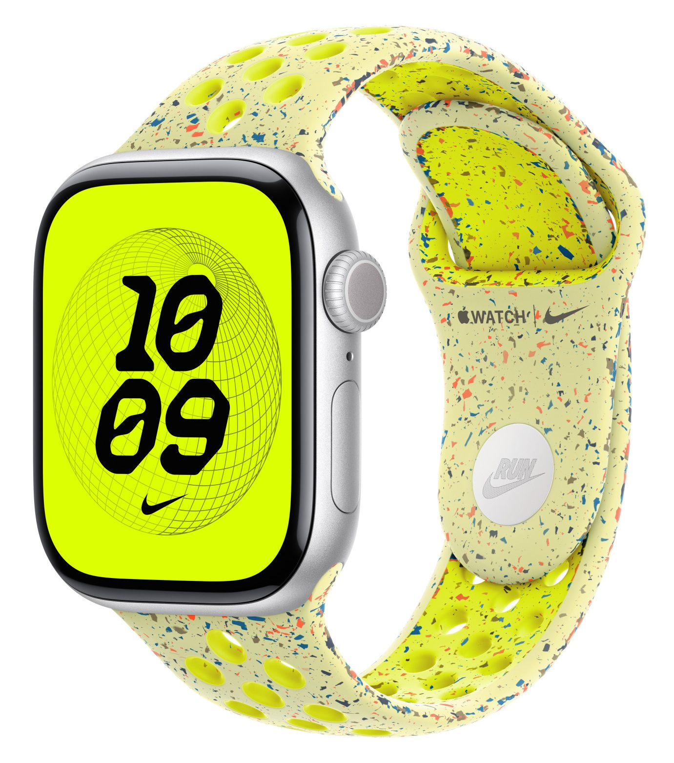 Srebrny Apple Watch z neonowo-zielonym ekranem pokazującym godzinę. Pasek jest żółty z kolorowymi plamkami i logo Nike.