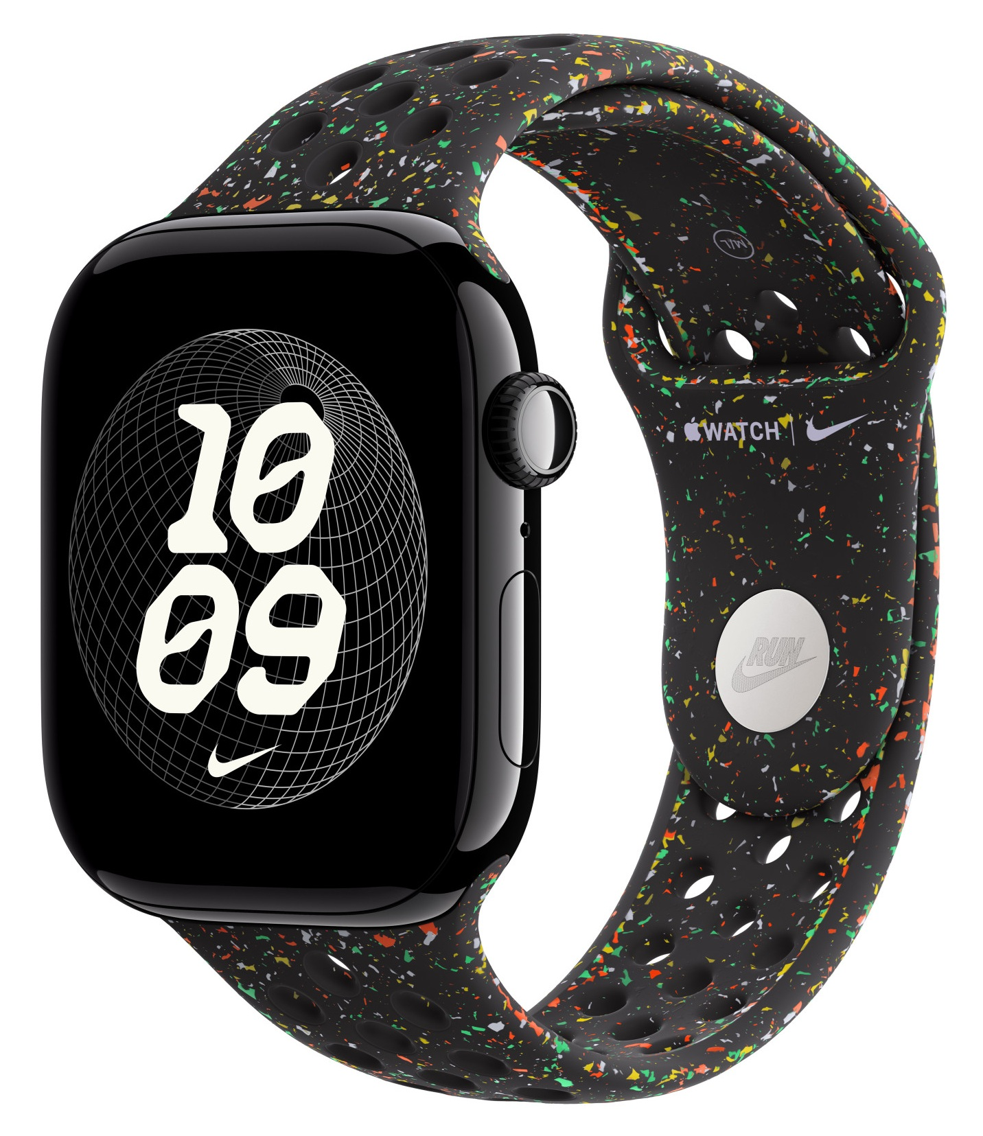 Czarny Apple Watch z paskiem Nike. Tarcza pokazuje godzinę 10:09. Pasek ma kolorowe plamki i logo Nike.