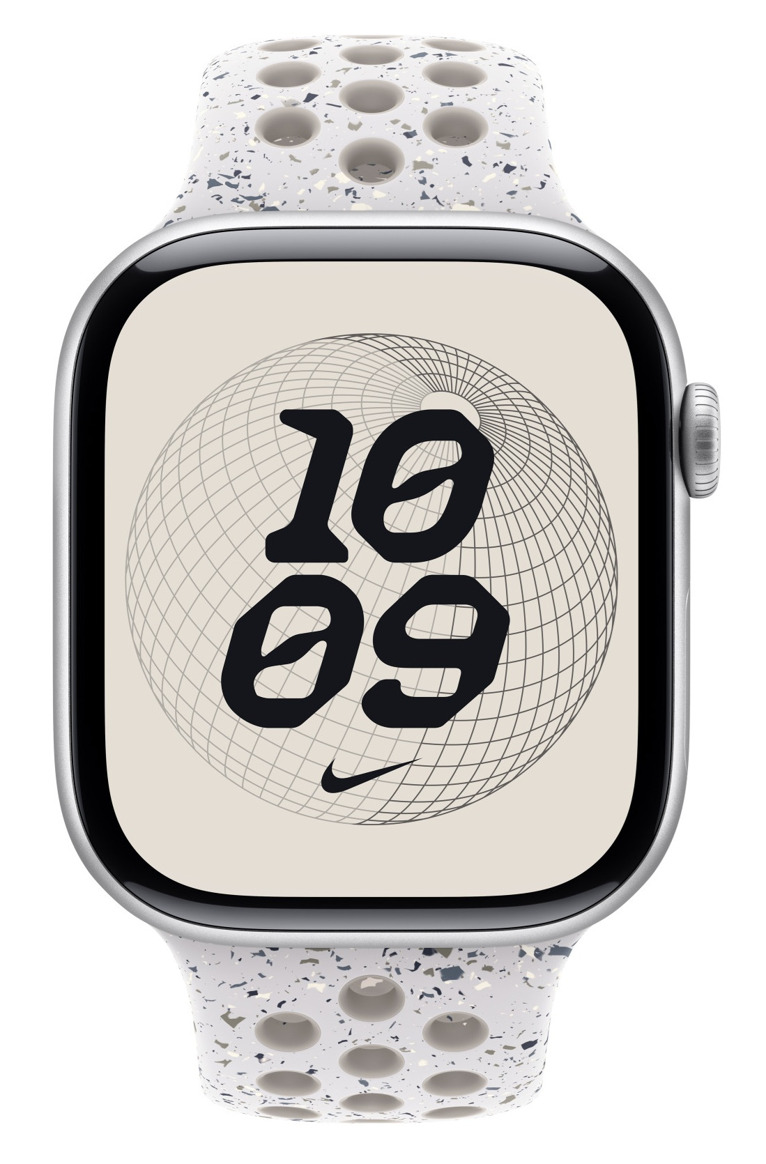 Apple Watch z nakrapianym białym paskiem. Tarcza wyświetla godzinę 10:09, logo Nike i siatkę podobną do globu.