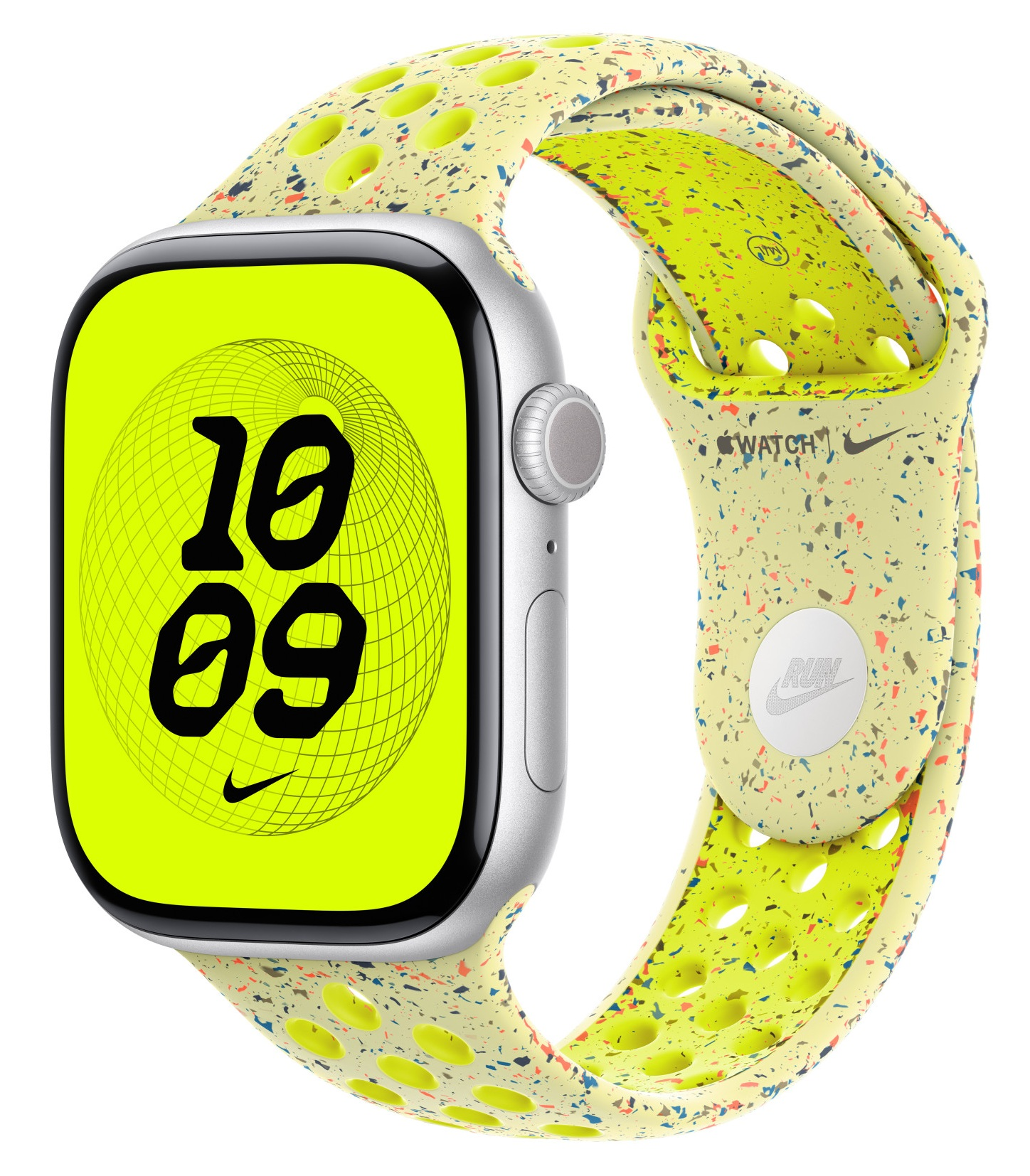 Srebrny Apple Watch z żółtym paskiem. Tarcza wyświetla godzinę 10:09. Pasek ma logo Nike i kolorowe plamki.