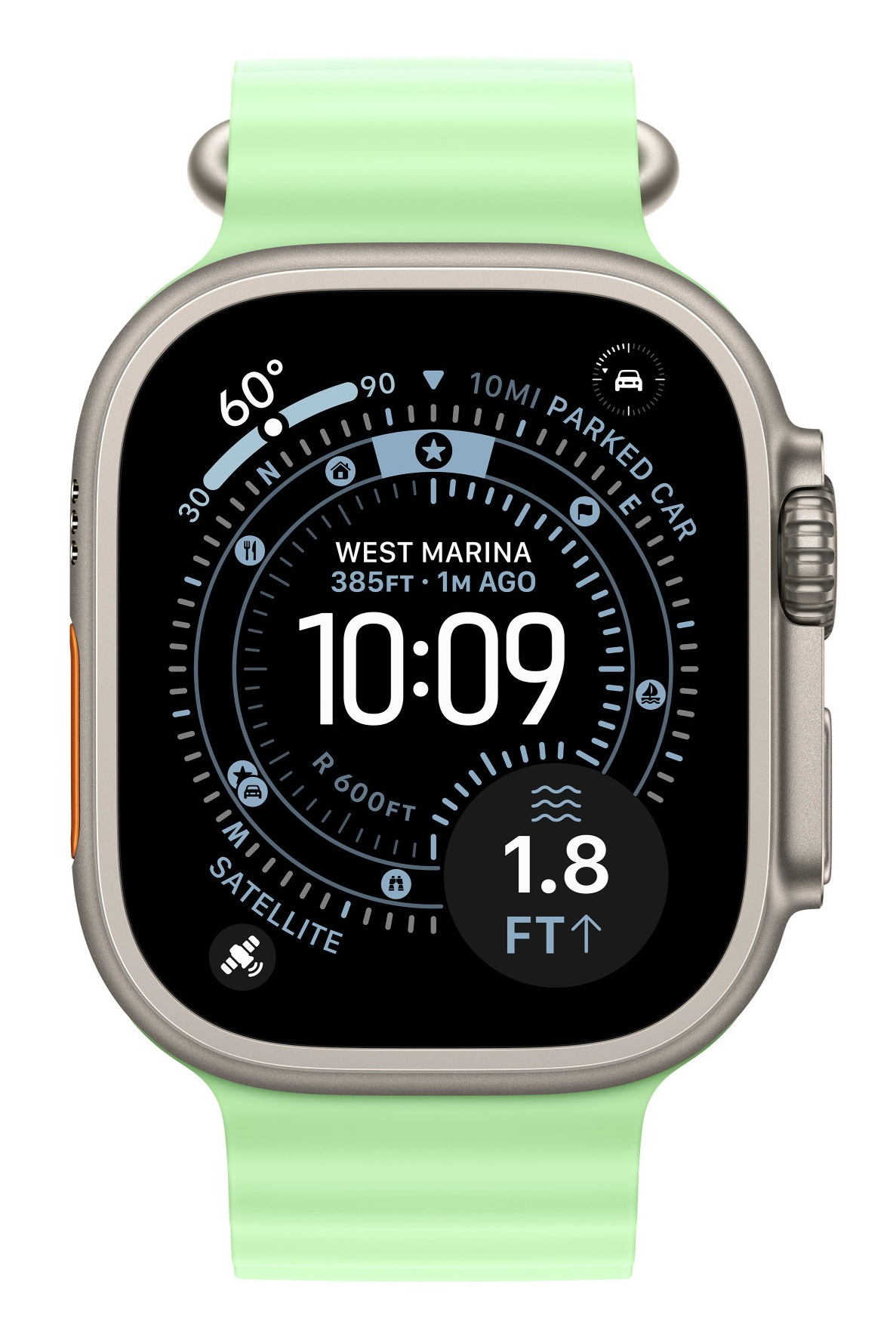 Smartwatch wyświetla godzinę 10:09, lokalizację West Marina. Funkcje obejmują kompas, wysokość, satelitę i dane o poziomie wody.