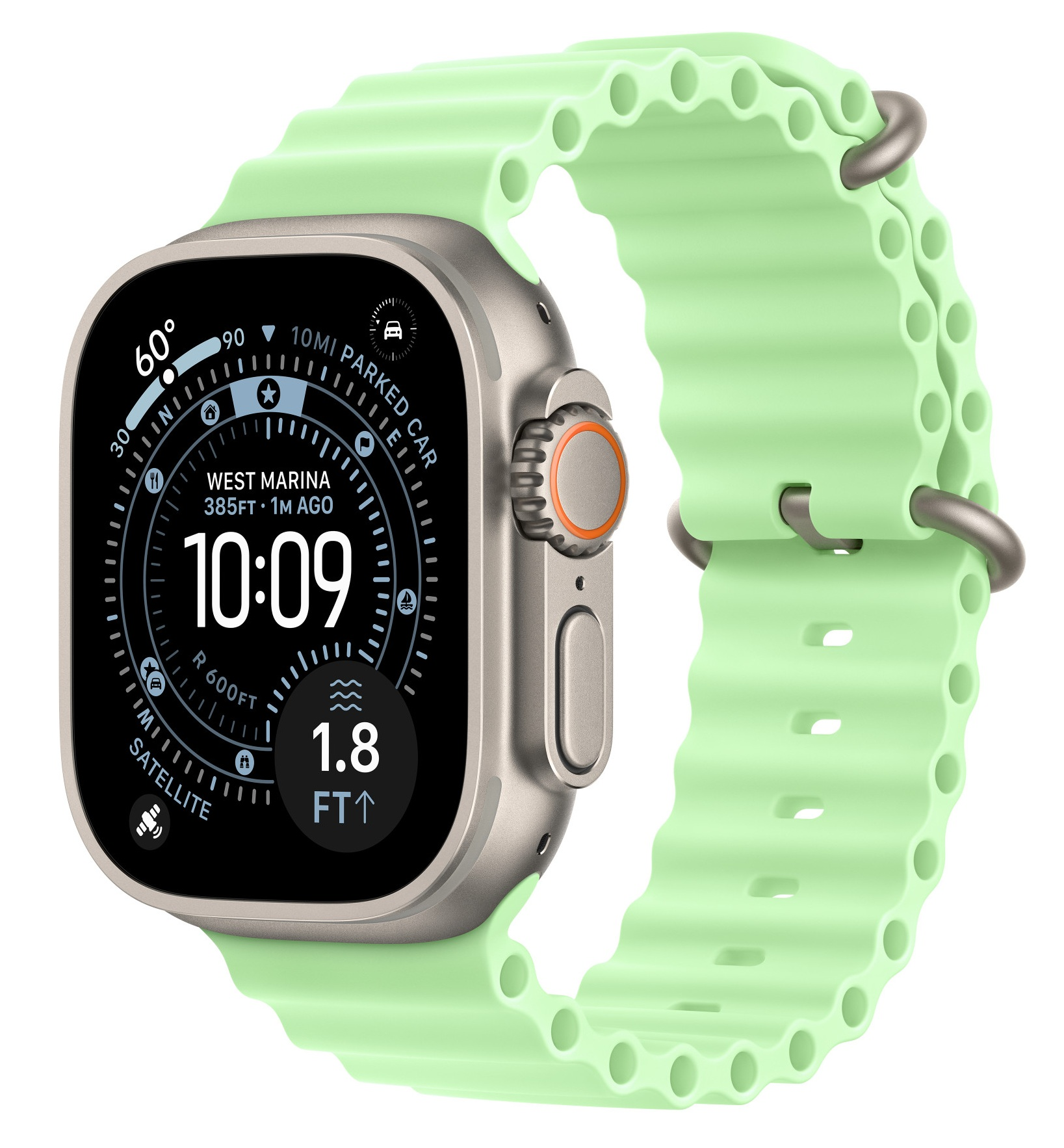 Srebrny Apple Watch Ultra z jasnozielonym paskiem. Tarcza wyświetla czas, lokalizację i inne dane.