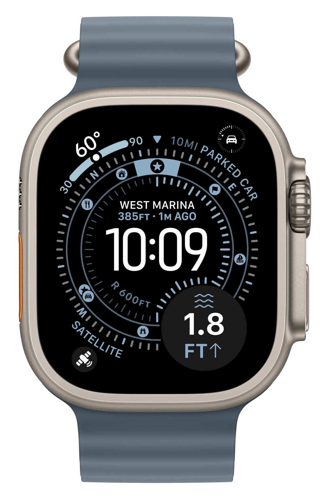 Apple Watch Ultra wyświetla godzinę 10:09, a także dane o lokalizacji i wysokości. Zegarek jest srebrny z niebieskim paskiem.