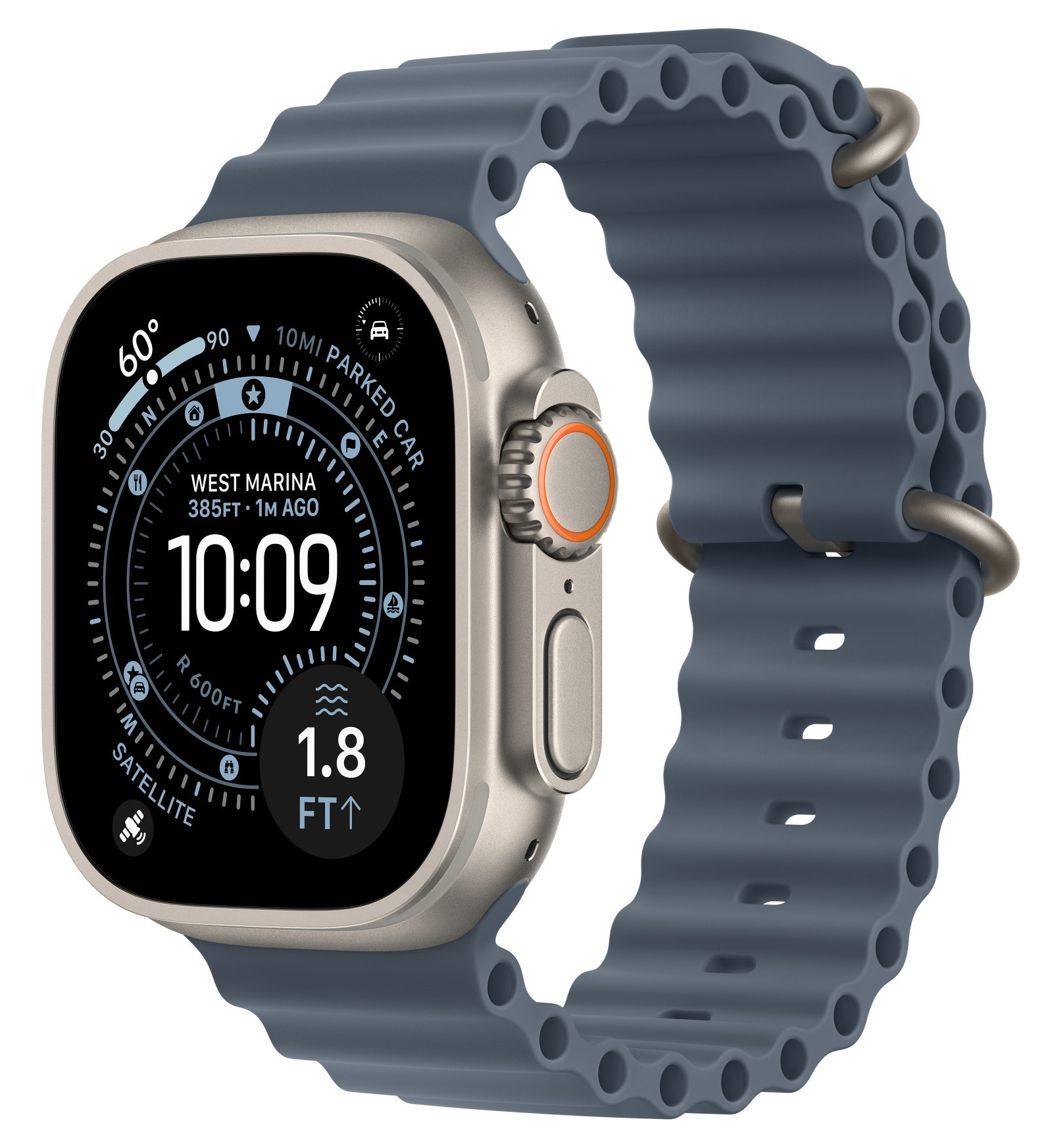 Srebrny smartwatch z niebieskim paskiem wyświetla godzinę i informacje. Zegarek ma cyfrowy wyświetlacz i teksturowany niebieski pasek.