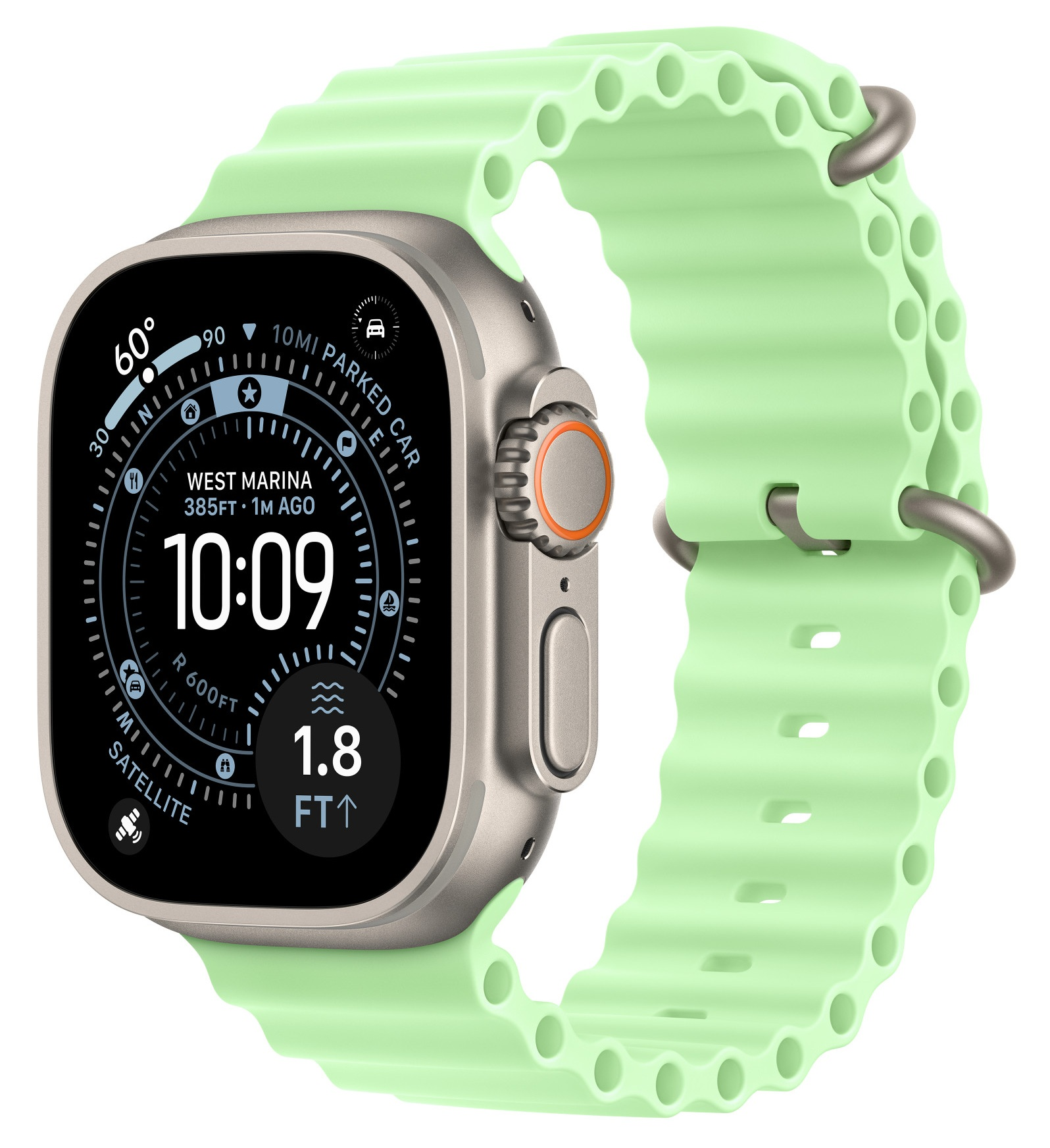 Srebrny smartwatch z zielonym paskiem wyświetla godzinę i lokalizację. Pasek jest falisty.