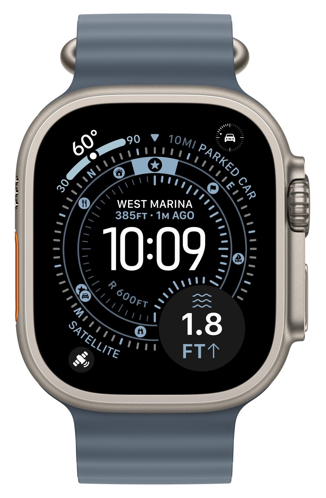 Srebrny smartwatch z niebieskim paskiem wyświetla godzinę 10:09, pogodę i inne dane. Tarcza zegarka jest czarna z białymi i niebieskimi detalami.