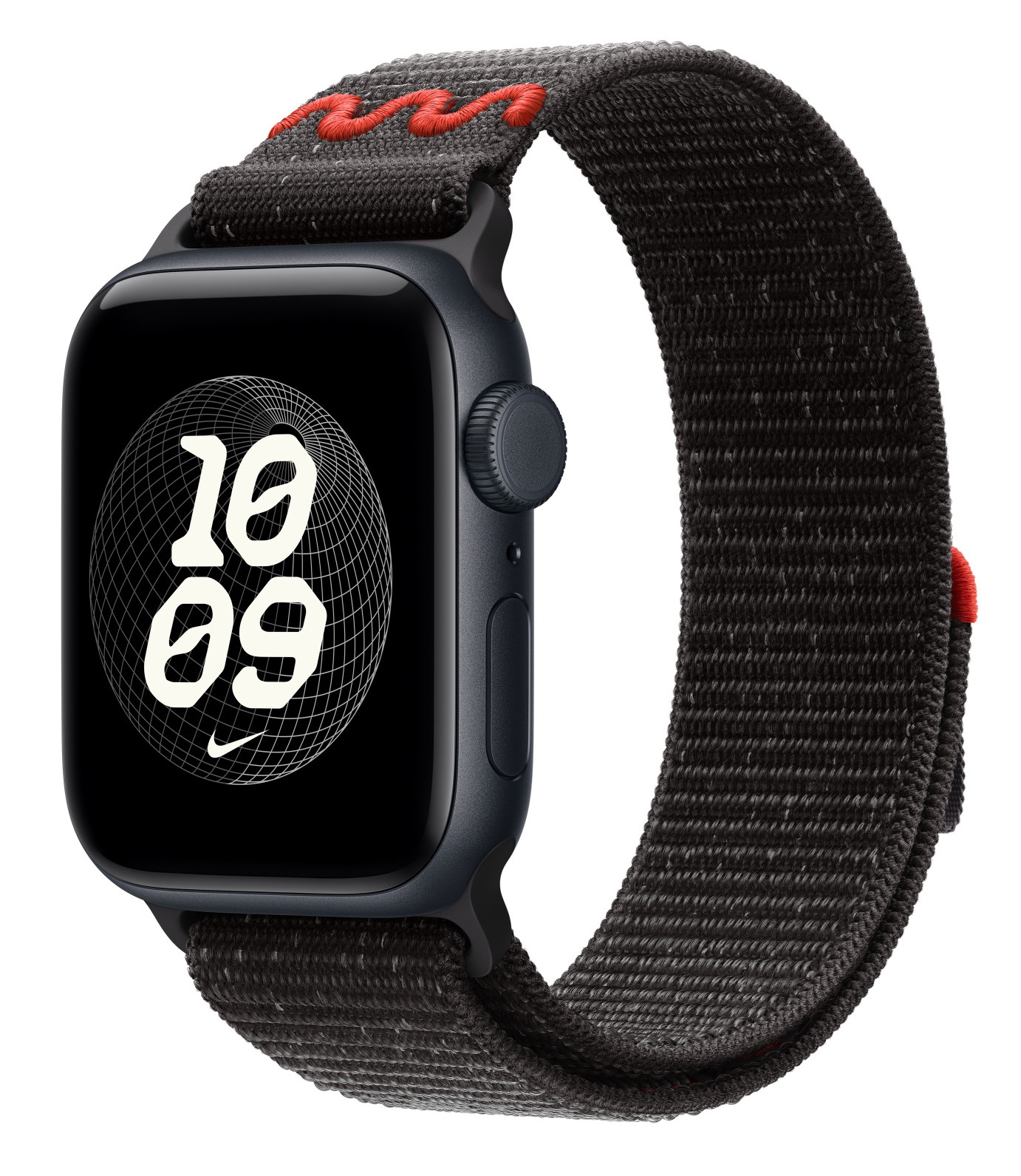 Apple Watch z czarną obudową i ciemnoszarym paskiem z czerwonymi szwami. Tarcza zegarka pokazuje godzinę: 10:09.