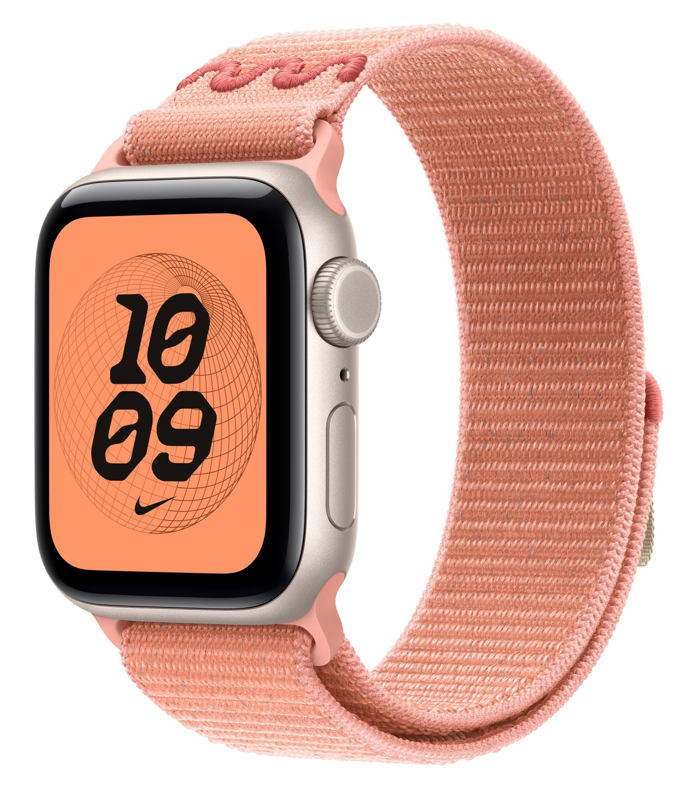 Apple Watch z brzoskwiniowym paskiem. Tarcza zegarka pokazuje godzinę 10:09. Pasek ma tkaną fakturę.