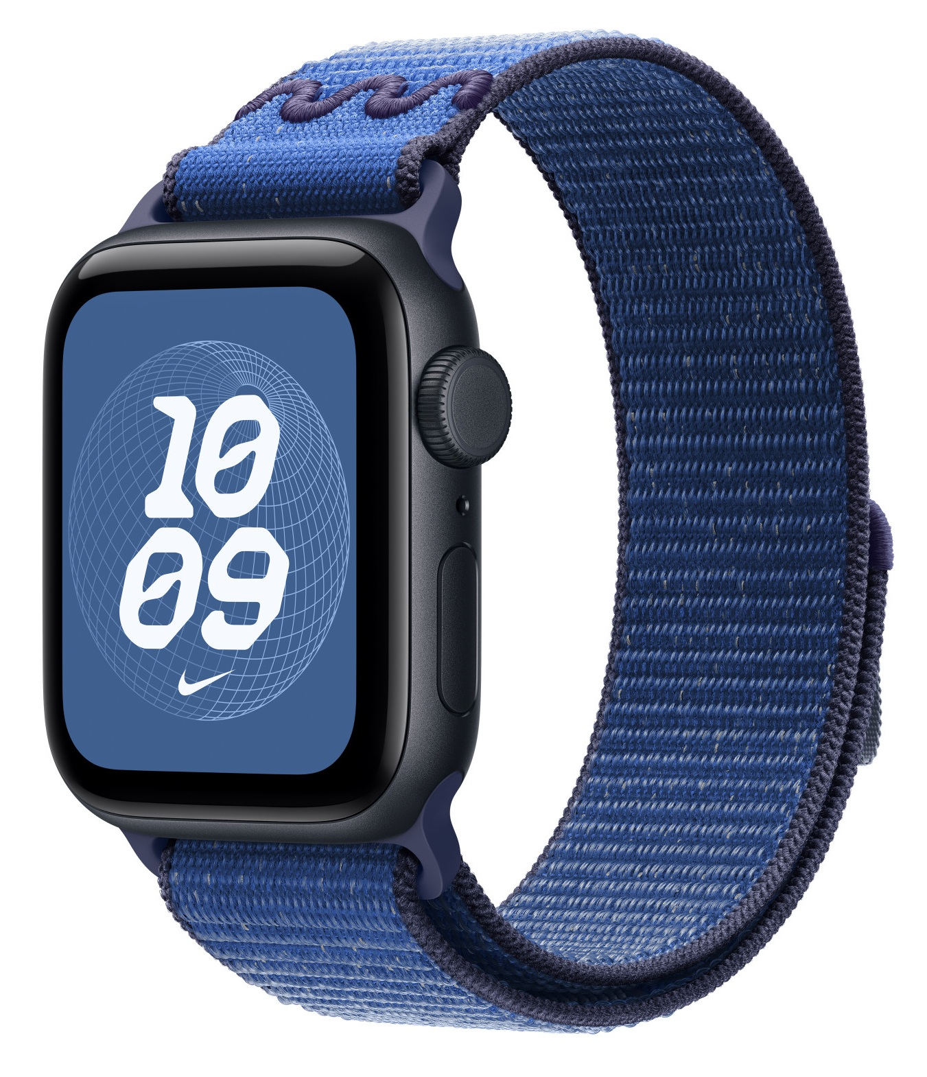 Niebieski Apple Watch z pasującym paskiem. Tarcza pokazuje godzinę 10:09 z logo Nike.