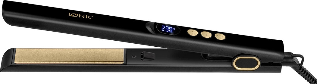 Czarna i złota prostownica do włosów, marka Ionic, wyświetlacz cyfrowy pokazujący 230 stopni. Z czarnym kablem.