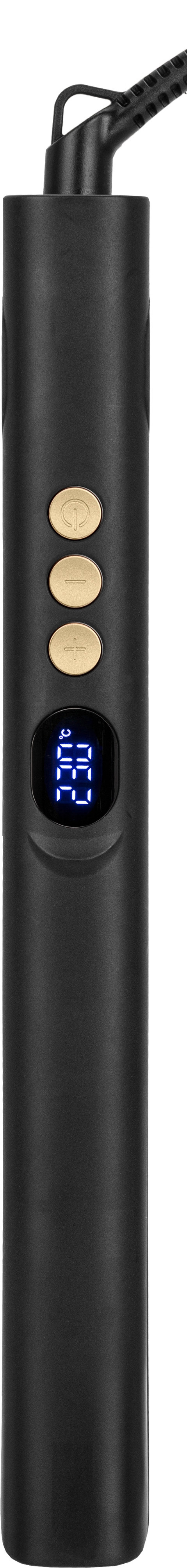 Czarny uchwyt do skakanki ze złotymi przyciskami i niebieskim wyświetlaczem cyfrowym. Uchwyt jest pionowy.