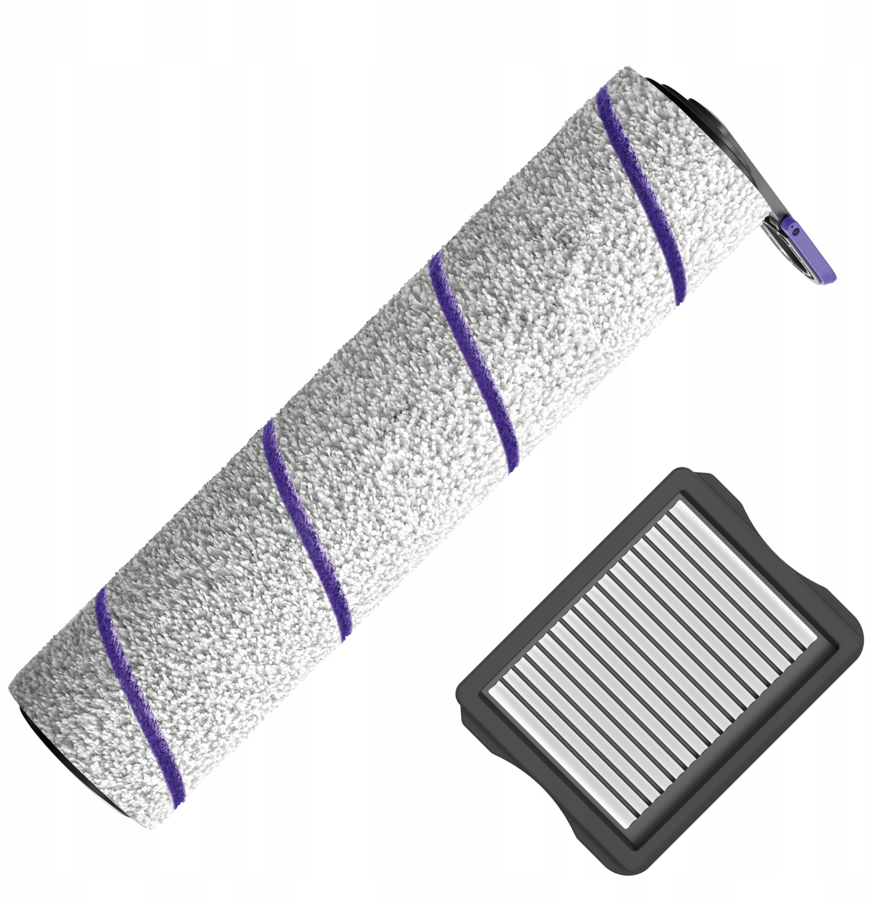 Części do odkurzacza: szczotka rolkowa z fioletowymi paskami i filtr w czarnej ramie na białym tle.