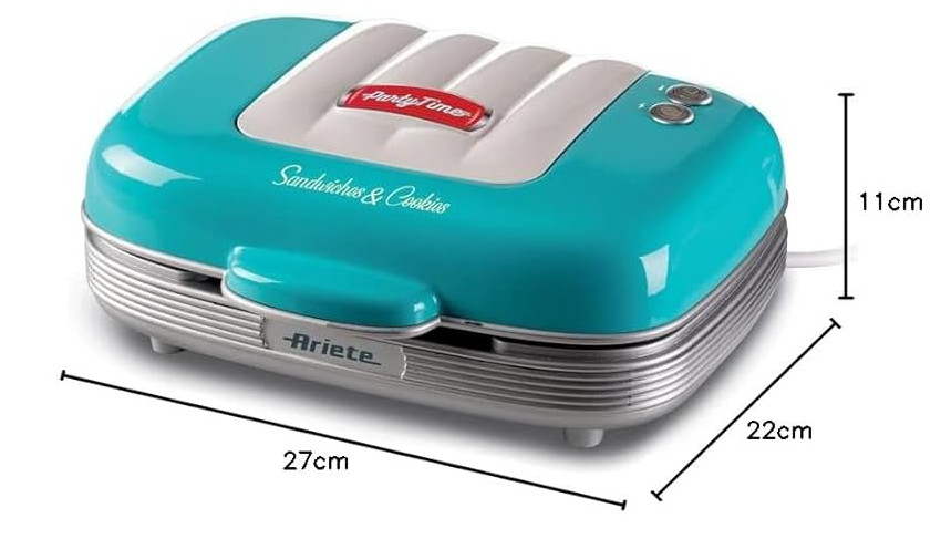 Turkusowy, biały i srebrny opiekacz do kanapek z etykietami 'Party Time' i 'Sandwiches & Cookies'. Wymiary są oznaczone.