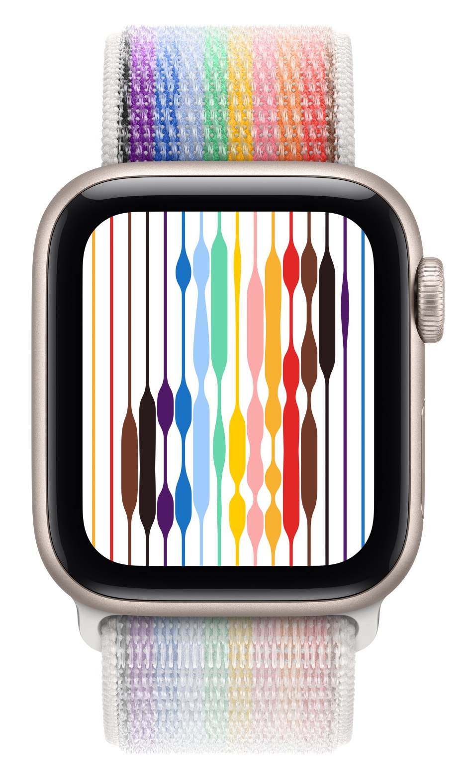 Apple Watch z kolorowym paskiem. Tarcza wyświetla pionowe linie w różnych kolorach. Pasek ma kolory tęczy.