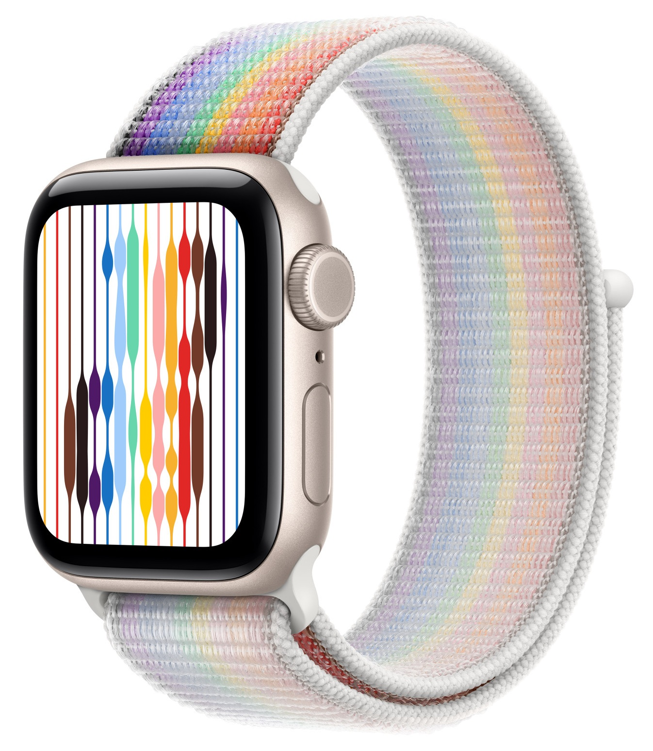 Apple Watch z tęczowym paskiem. Tarcza wyświetla kolorowy design. Pasek jest materiałowy i przymocowany do zegarka.