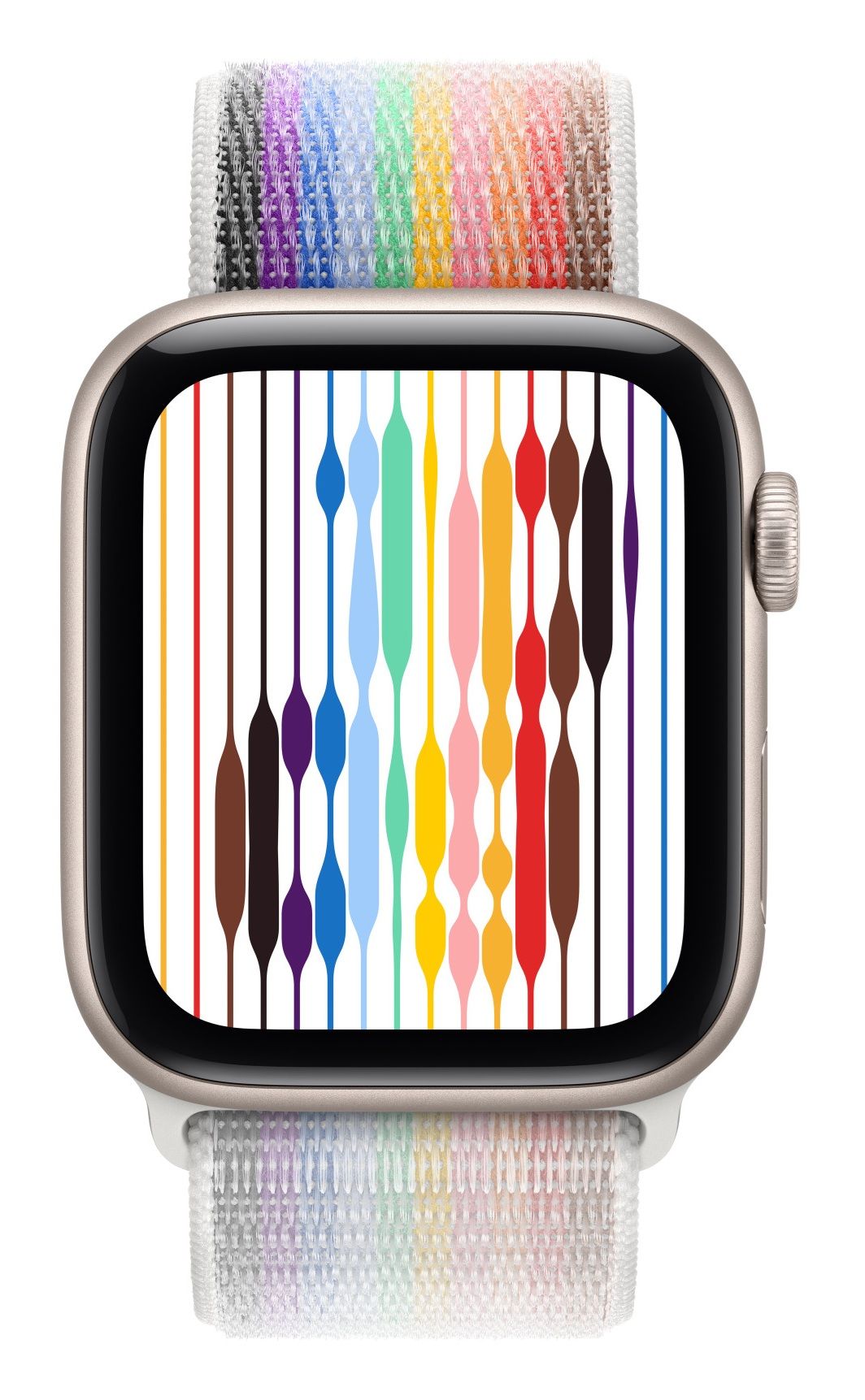 Apple Watch z kolorowym paskiem w tęczowych barwach. Tarcza zegarka wyświetla pionowe linie w różnych kolorach. Pasek jest tęczowy.