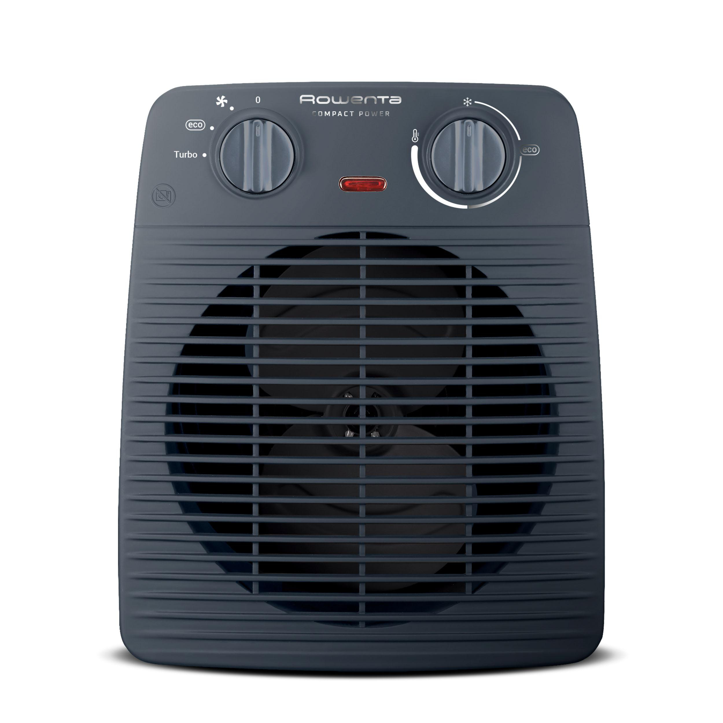 Ein dunkelgrauer Rowenta Compact Power-Heizlüfter. Er hat zwei Drehregler, ein rotes Licht und einen Lüfterschutz.