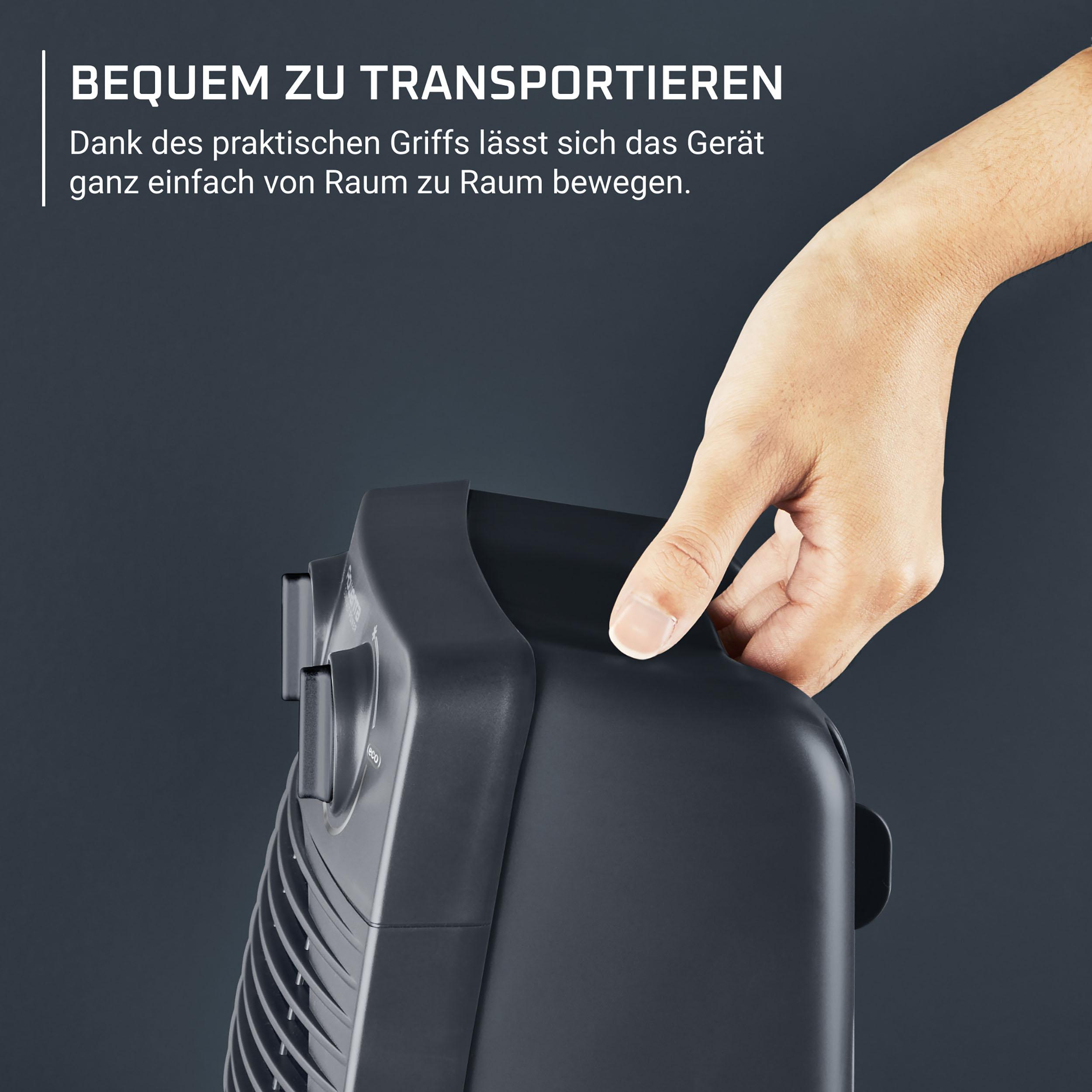Hand hält ein schwarzes Gerät. Text oben: Einfach zu transportieren. Dunkelblauer Hintergrund.