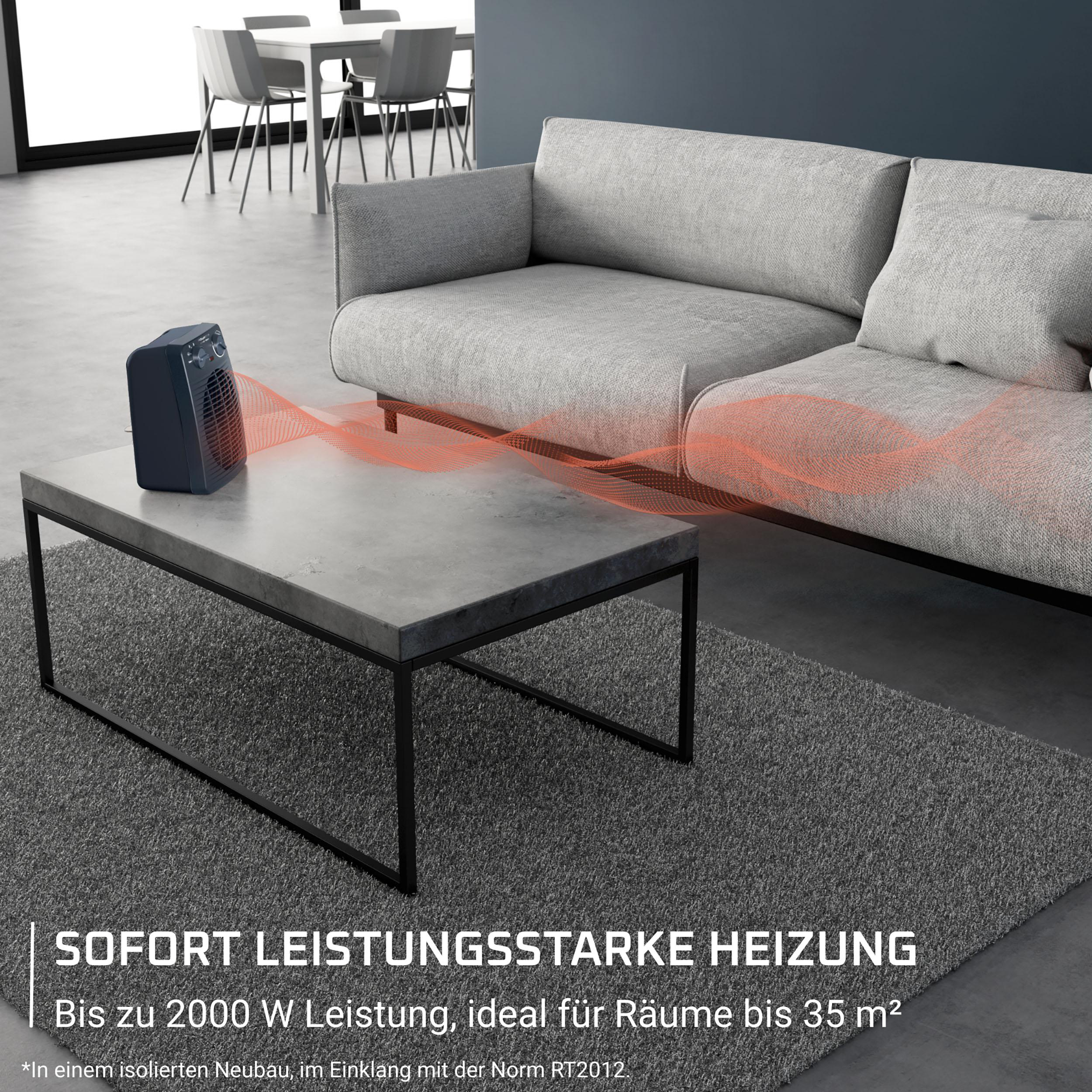 Ein dunkler Heizlüfter auf einem Tisch mit Hitzewellen. Im Hintergrund sind ein graues Sofa und ein Teppich zu sehen, mit Text unten.