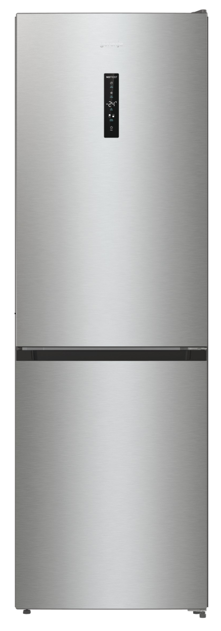 Lodówka ze stali nierdzewnej z wyświetlaczem cyfrowym -24. Ma dwoje drzwi i czarny uchwyt.