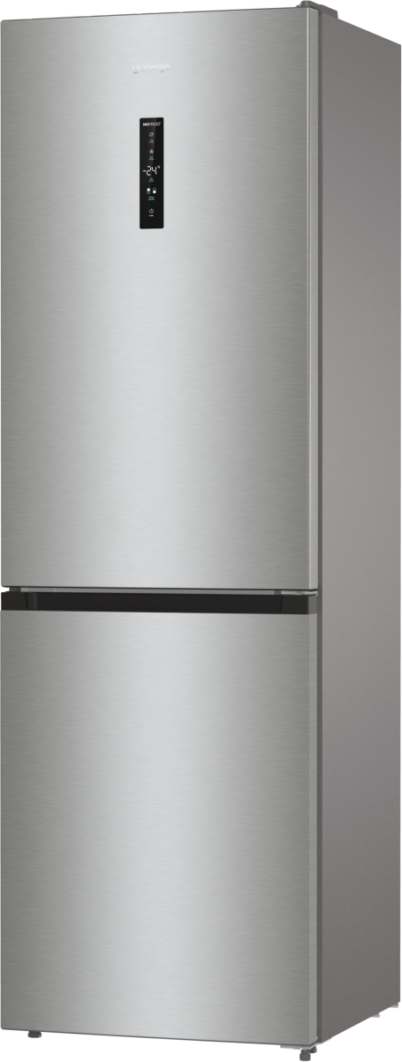 Srebrna lodówka Gorenje. Ma dwoje drzwi, wyświetlacz cyfrowy i funkcję NoFrost. Temperatura ustawiona jest na -24°C.