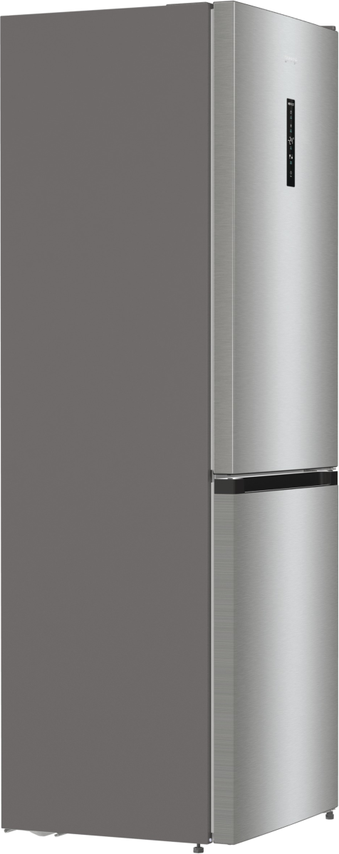 Lodówka ze stali nierdzewnej z zamrażarką dolną. Lewa strona jest szara. Wyświetlacz cyfrowy znajduje się na drzwiach.