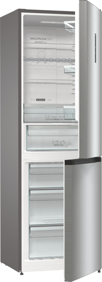 Otwarta lodówka z drzwiami ze stali nierdzewnej. Wnętrze widoczne, obecne półki, szuflady i etykiety marki.