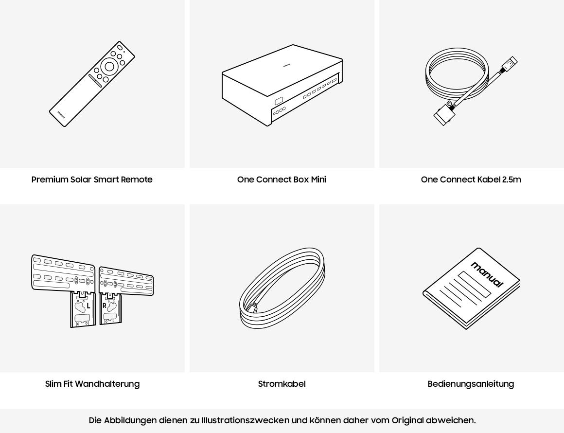 Strichzeichnungen von TV-Zubehör: Fernbedienung, Box, Kabel, Wandhalterung, Kabel und Handbuch.