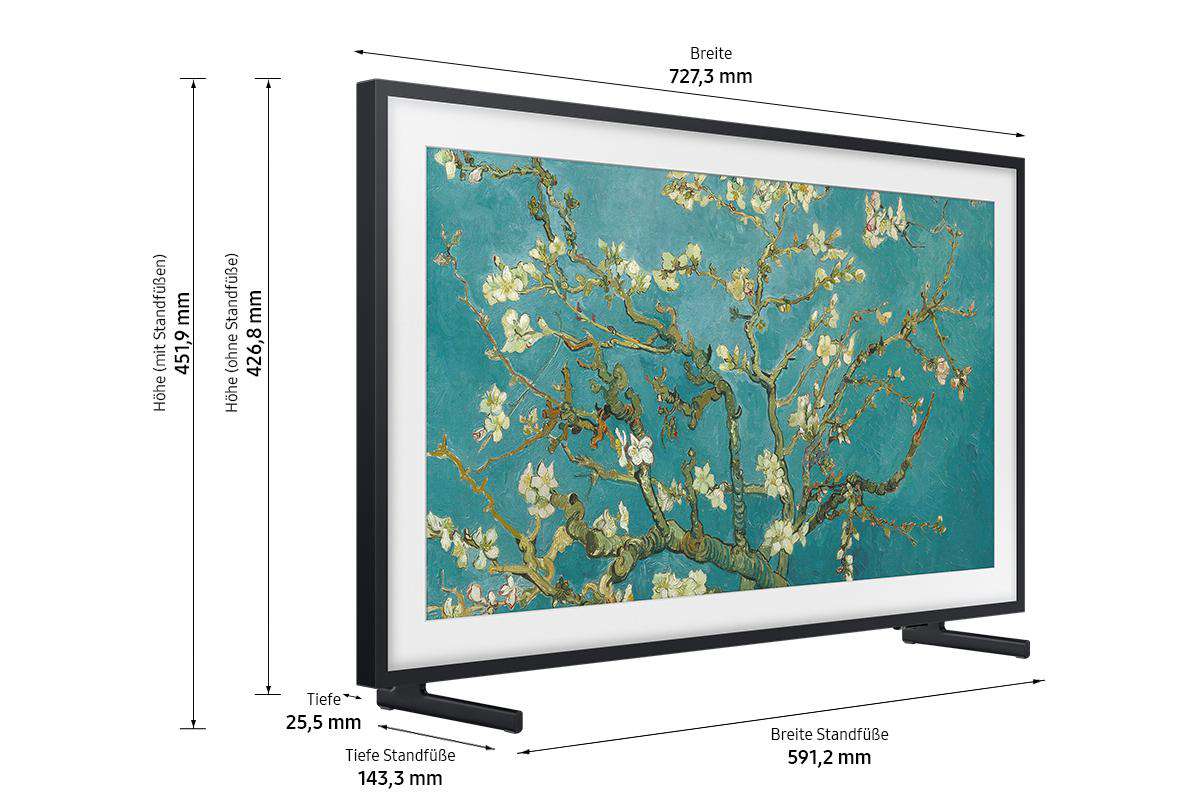 Ein schwarz gerahmter Fernseher zeigt ein Van-Gogh-Gemälde. Abmessungen werden angezeigt: Höhe mit Füßen, ohne Füße, Tiefe und Breite.