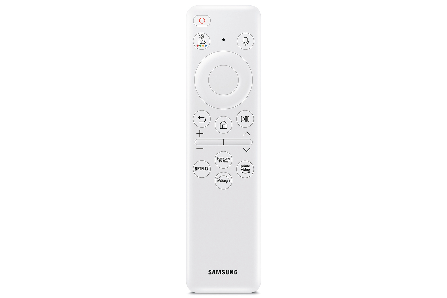 Weiße Samsung-Fernbedienung. Mit Tasten für Strom, Sprachsteuerung, Netflix, Disney+ und Lautstärke. Das Samsung-Logo ist unten.