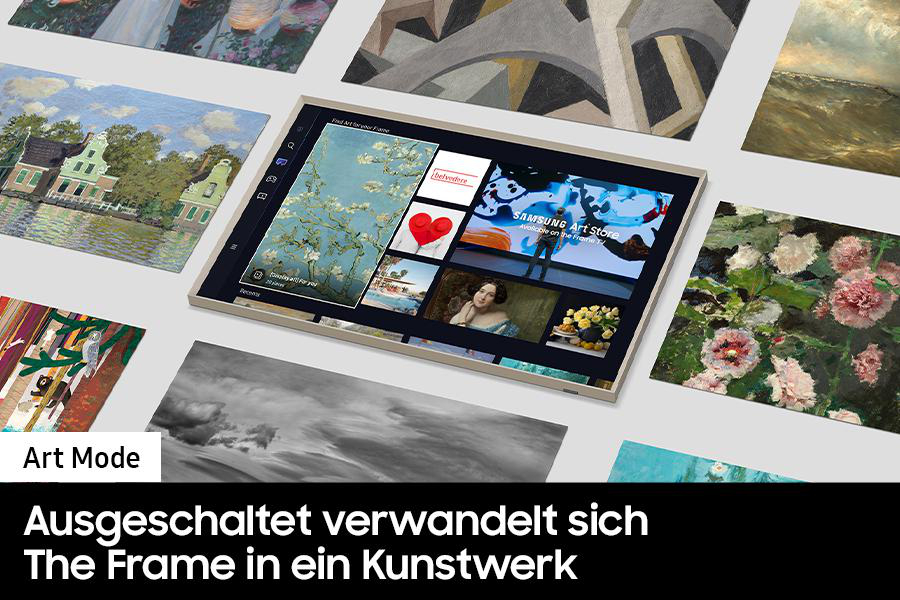 Ein Fernseher, der Kunst zeigt.  Um ihn herum befinden sich weitere Kunstwerke. Der Bildschirm zeigt Kunstoptionen aus dem Samsung Art Store.