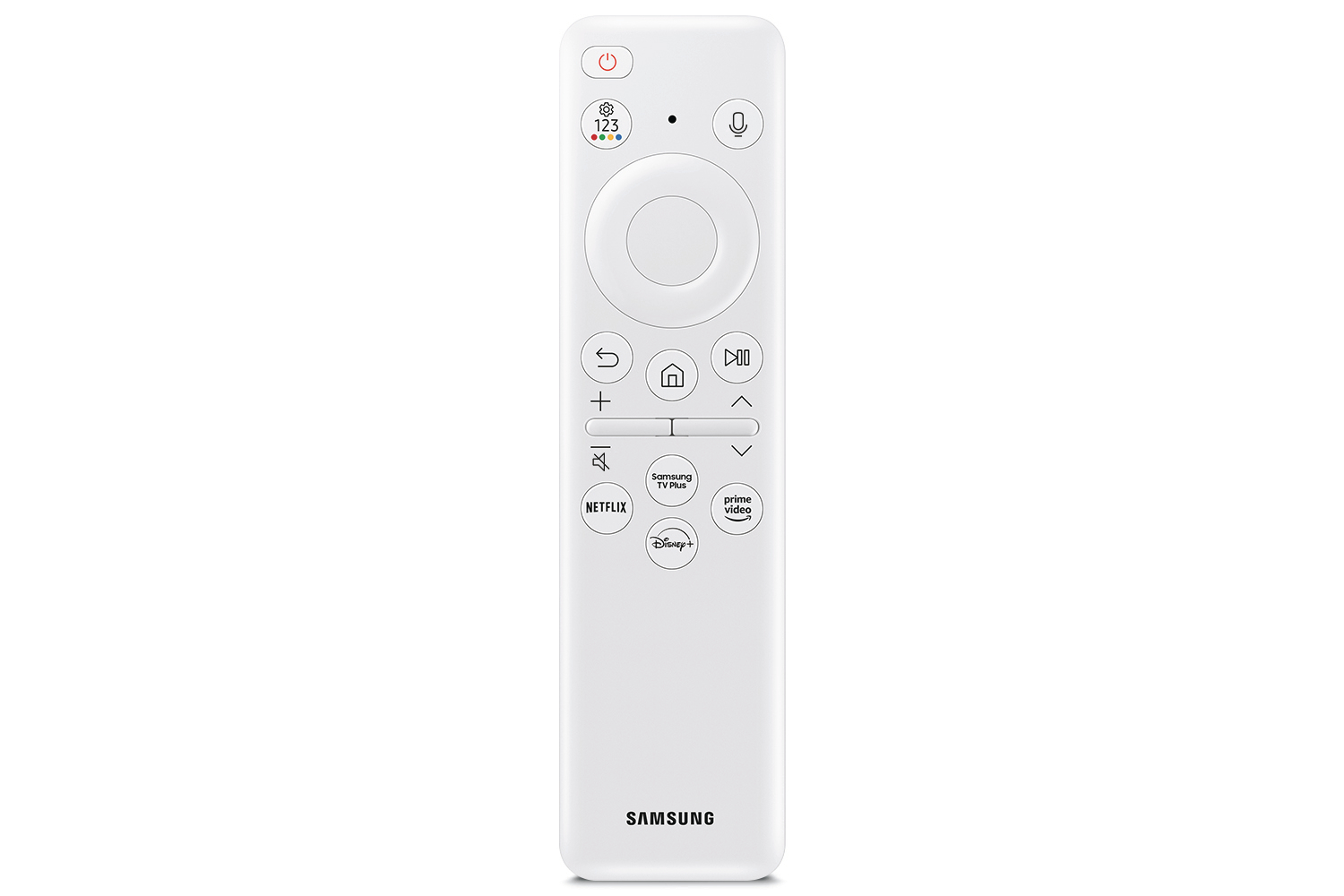 Eine weiße Samsung TV-Fernbedienung. Sie hat mehrere Tasten und Symbole für Strom, Lautstärke, Kanäle, Netflix und andere Streaming-Dienste.