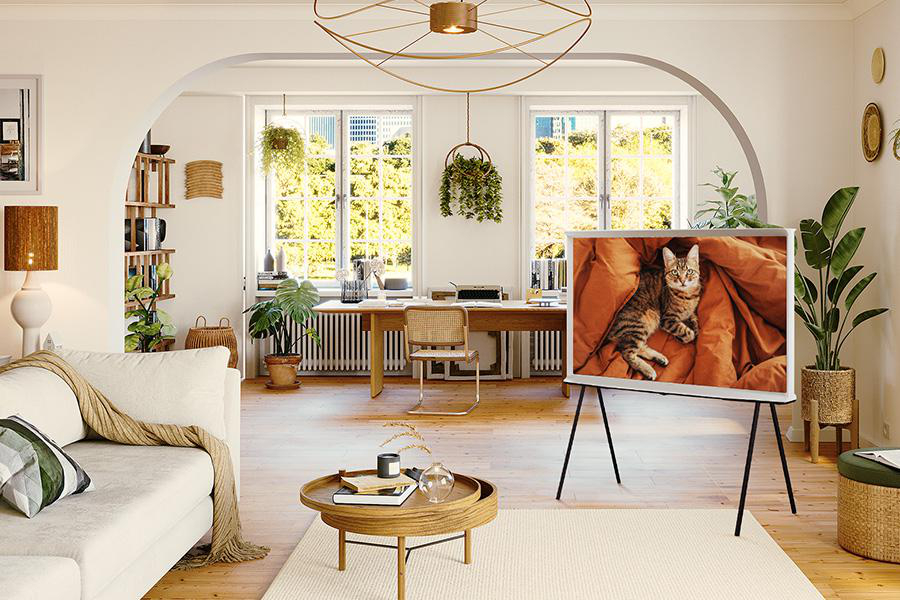 Wohnzimmer mit Katze auf einem Fernsehbildschirm. Enthält ein Sofa, Pflanzen, einen Couchtisch und einen Schreibtisch mit Fenstern im Hintergrund.