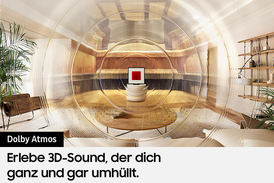 Ein modernes Wohnzimmer mit einem zentralen Bildschirm, der ein rotes Quadrat zeigt, umgeben von Schallwellen und Holzmöbeln.