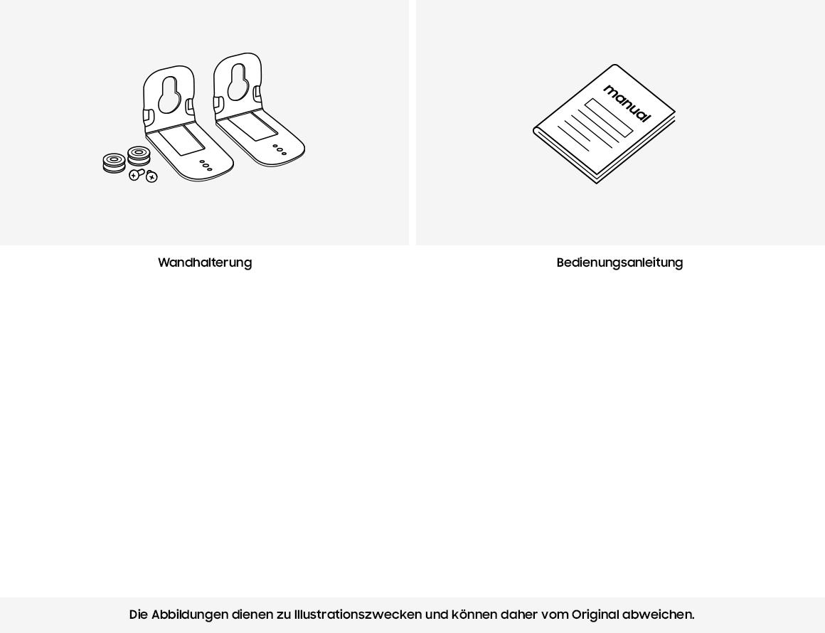Das Bild zeigt zwei Wandhalterungen, Schrauben und eine Anleitung. Die Halterungen sind schwarz-weiße Strichzeichnungen. Die Anleitung ist mit 'manual' beschriftet.