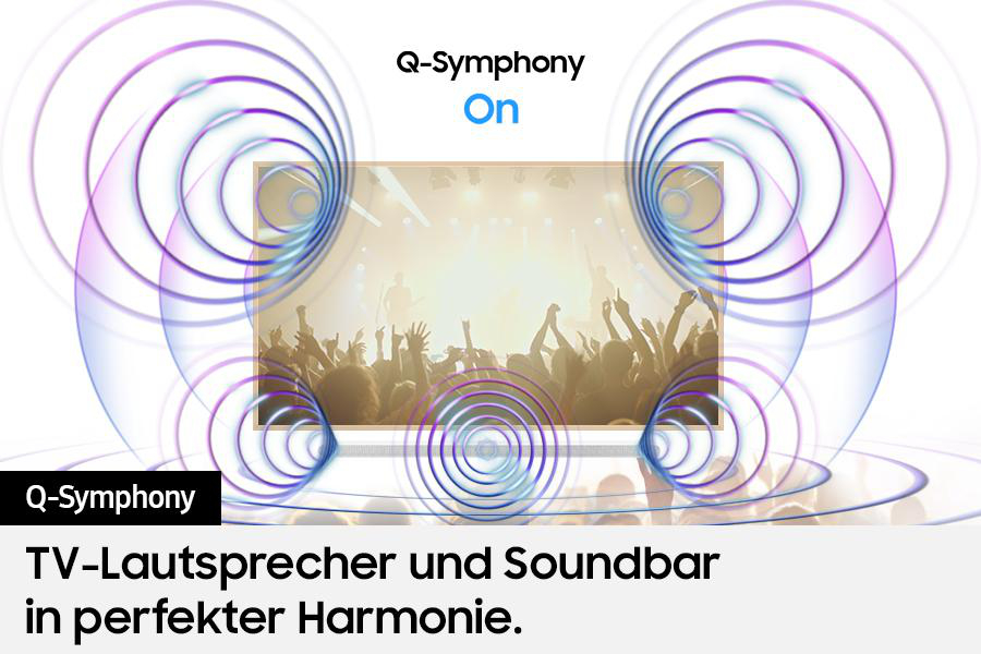 Bild zeigt ein Konzert mit erhobenen Händen, Schallwellen und Text über Q-Symphony und perfekte Harmonie von TV-Lautsprechern und Soundbar.
