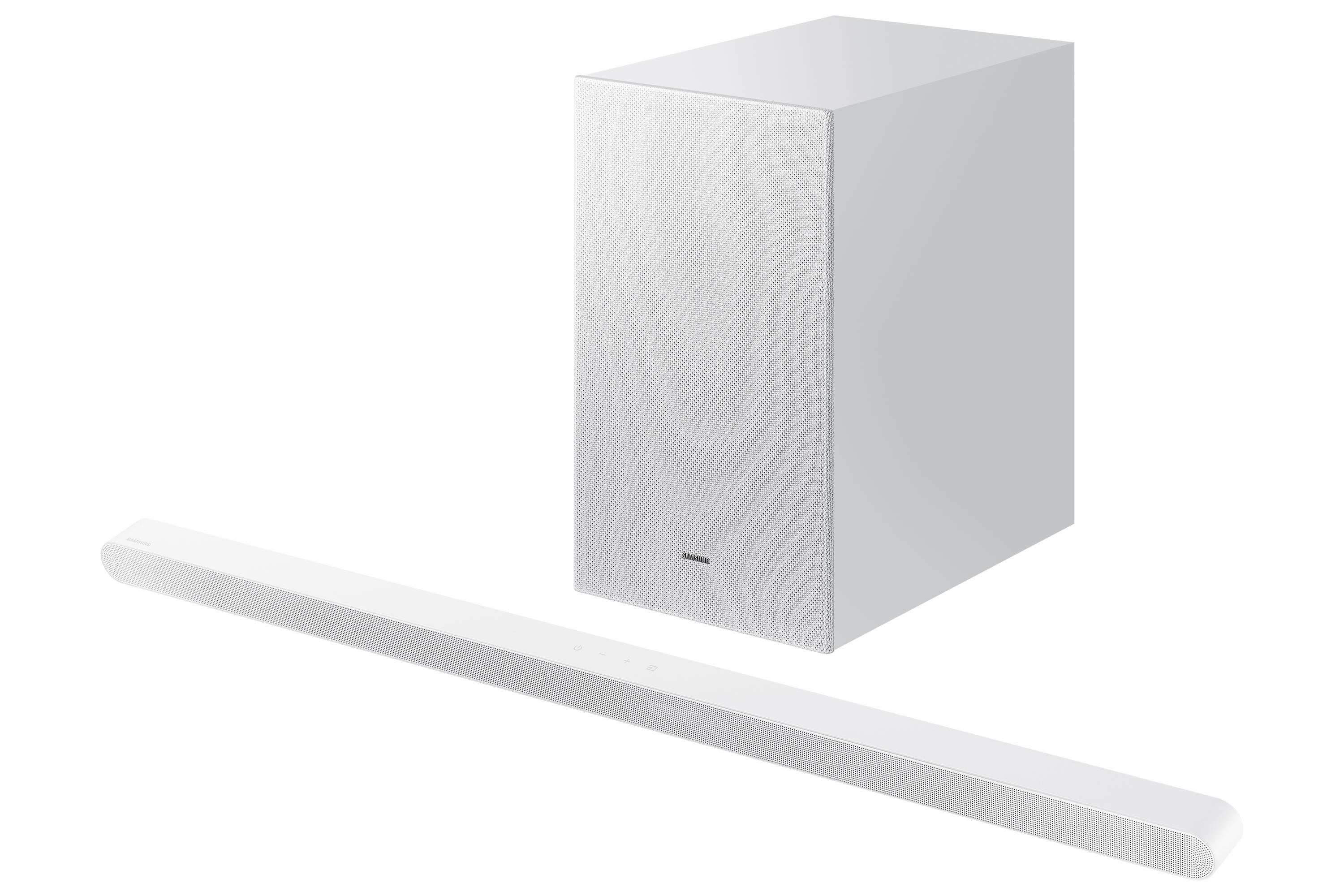 Ein weißes Soundbar- und Subwoofer-Set. Der Subwoofer ist eine hohe, rechteckige Box. Die Soundbar ist lang und schlank.