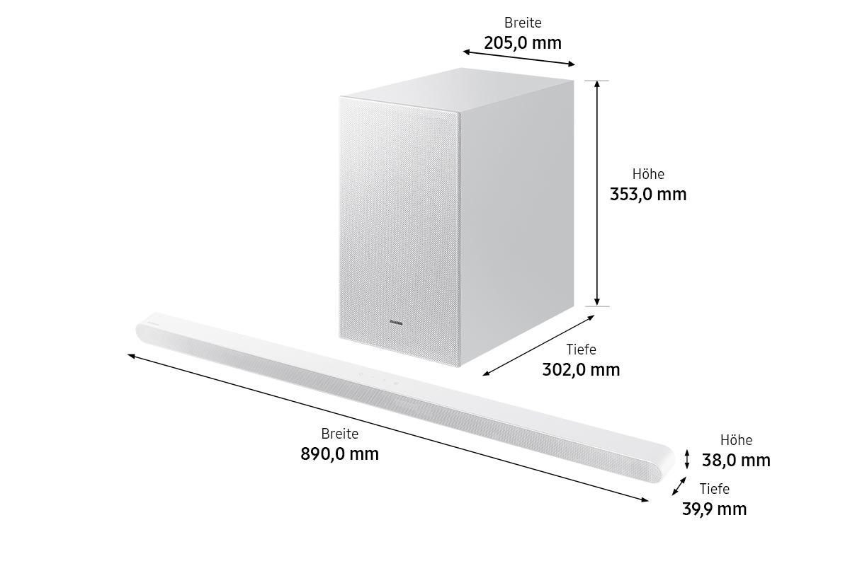 Ein weißes Soundbar- und Subwoofer-Set. Abmessungen sind beschriftet, einschließlich Breite, Höhe und Tiefe in Millimetern.