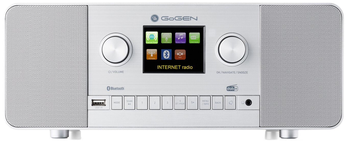 Srebrne radio internetowe Gogen z głośnikami po każdej stronie. Posiada ekran z ikonami różnych funkcji i przyciskami poniżej.