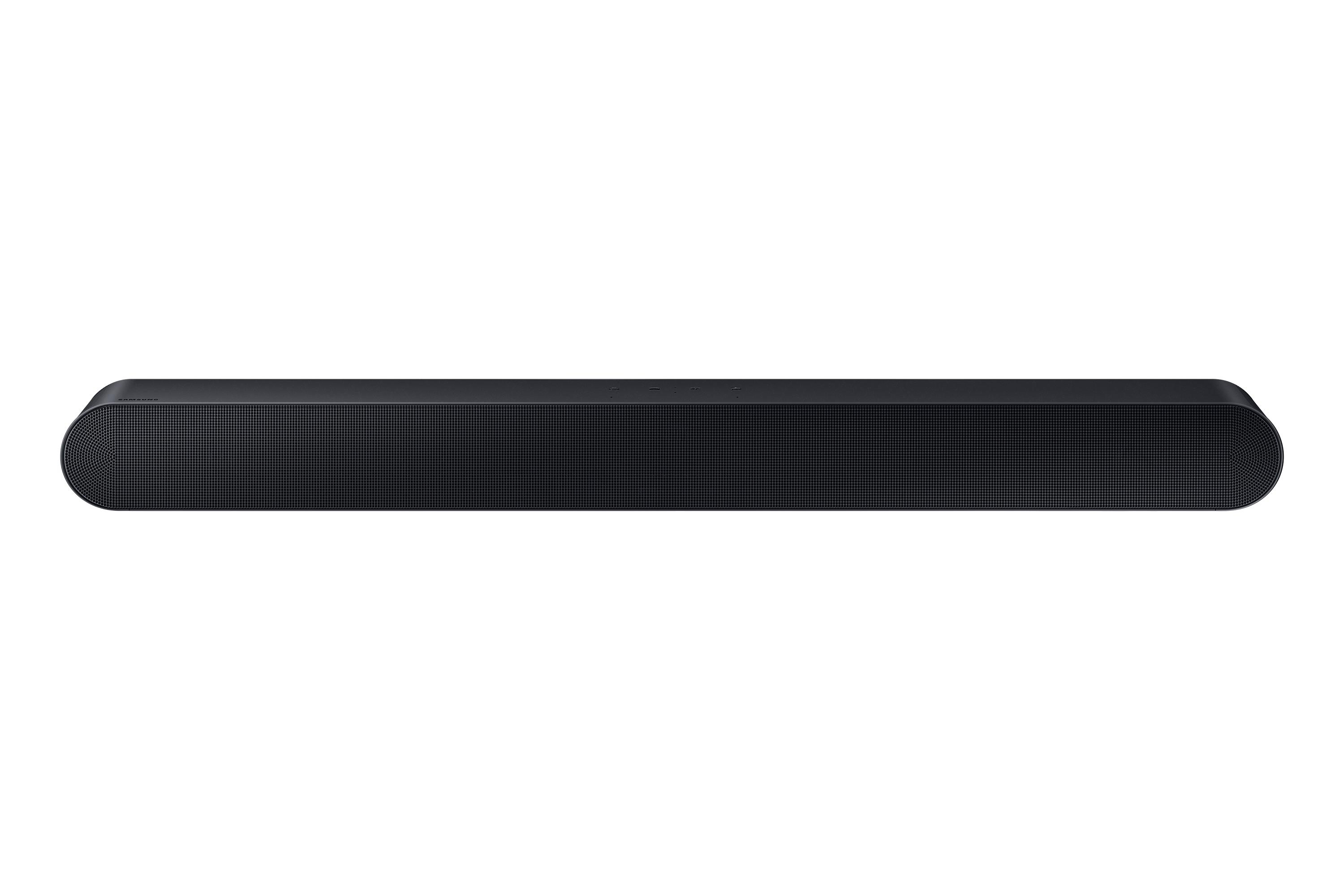 Eine schwarze Soundbar auf weißem Hintergrund. Sie ist rechteckig mit abgerundeten Enden und einer Mesh-Front.