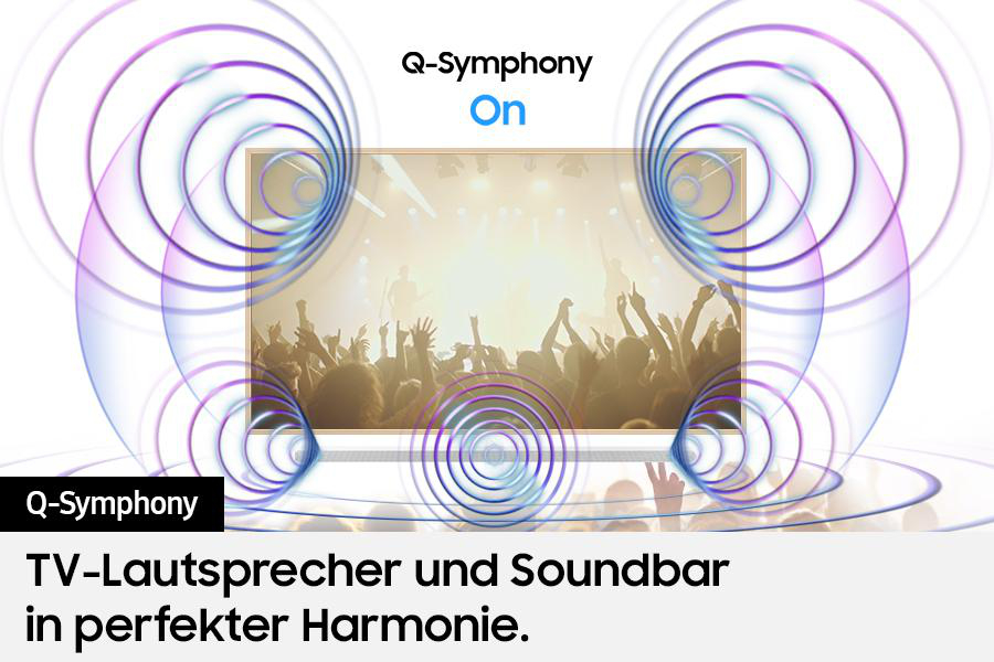 Ein Bild zeigt eine Konzertmenge mit erhobenen Händen, umrahmt von konzentrischen Schallwellengrafiken und dem Text 'Q-Symphony On'.