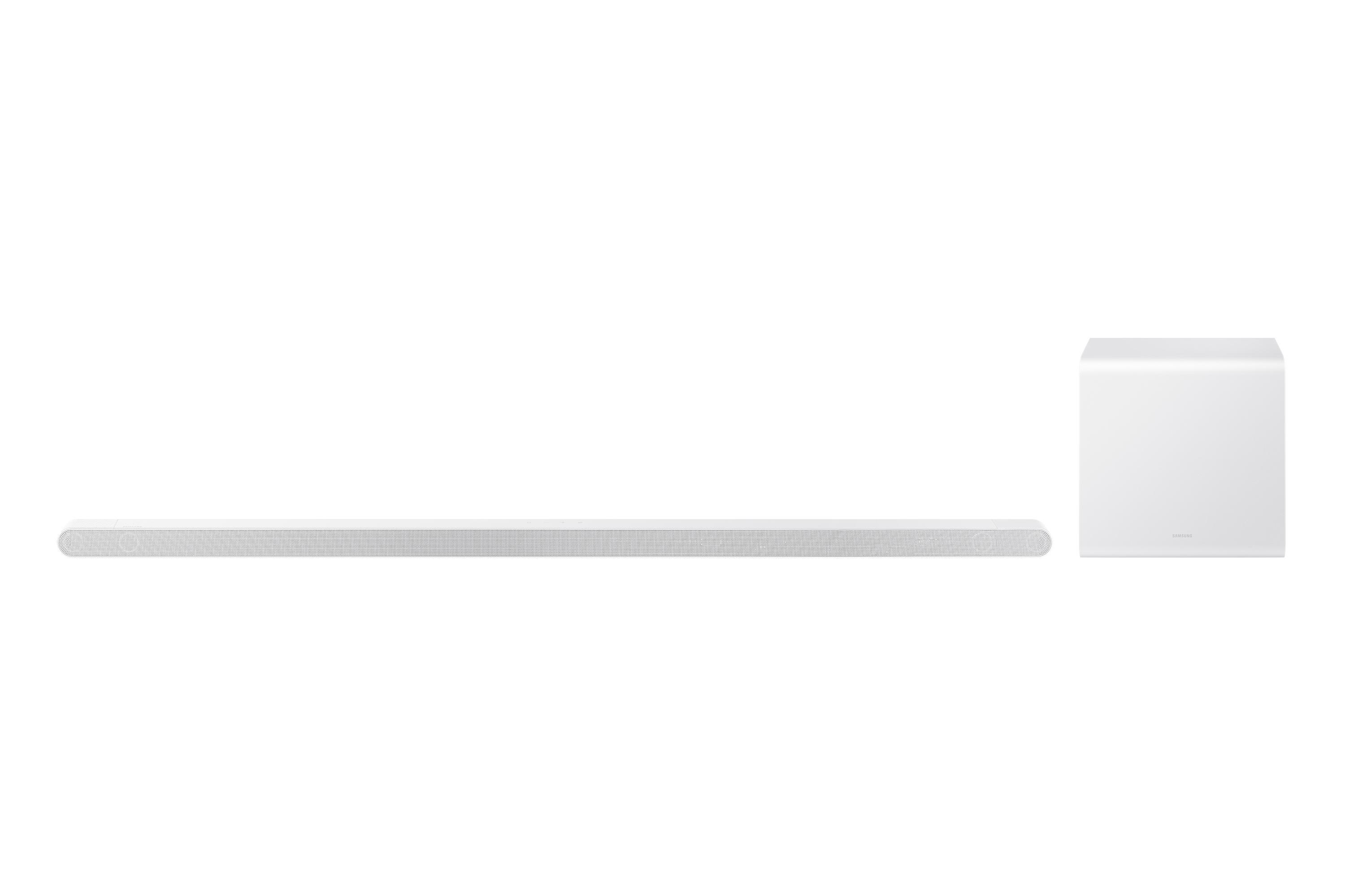 Auf weißem Hintergrund befinden sich eine weiße Soundbar und ein Subwoofer. Die Soundbar ist lang, der Subwoofer quadratisch.