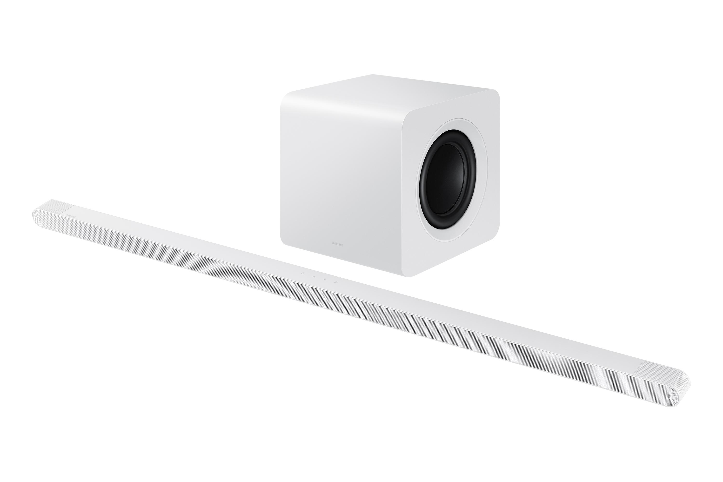 Ein weißes Soundbar- und Subwoofer-Set. Die Soundbar ist lang und dünn. Der Subwoofer ist ein weißer Würfel mit einem schwarzen Lautsprecher.